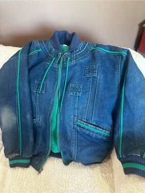 Sergio Valente Blue Denim Bomber Jacket with Green Trim